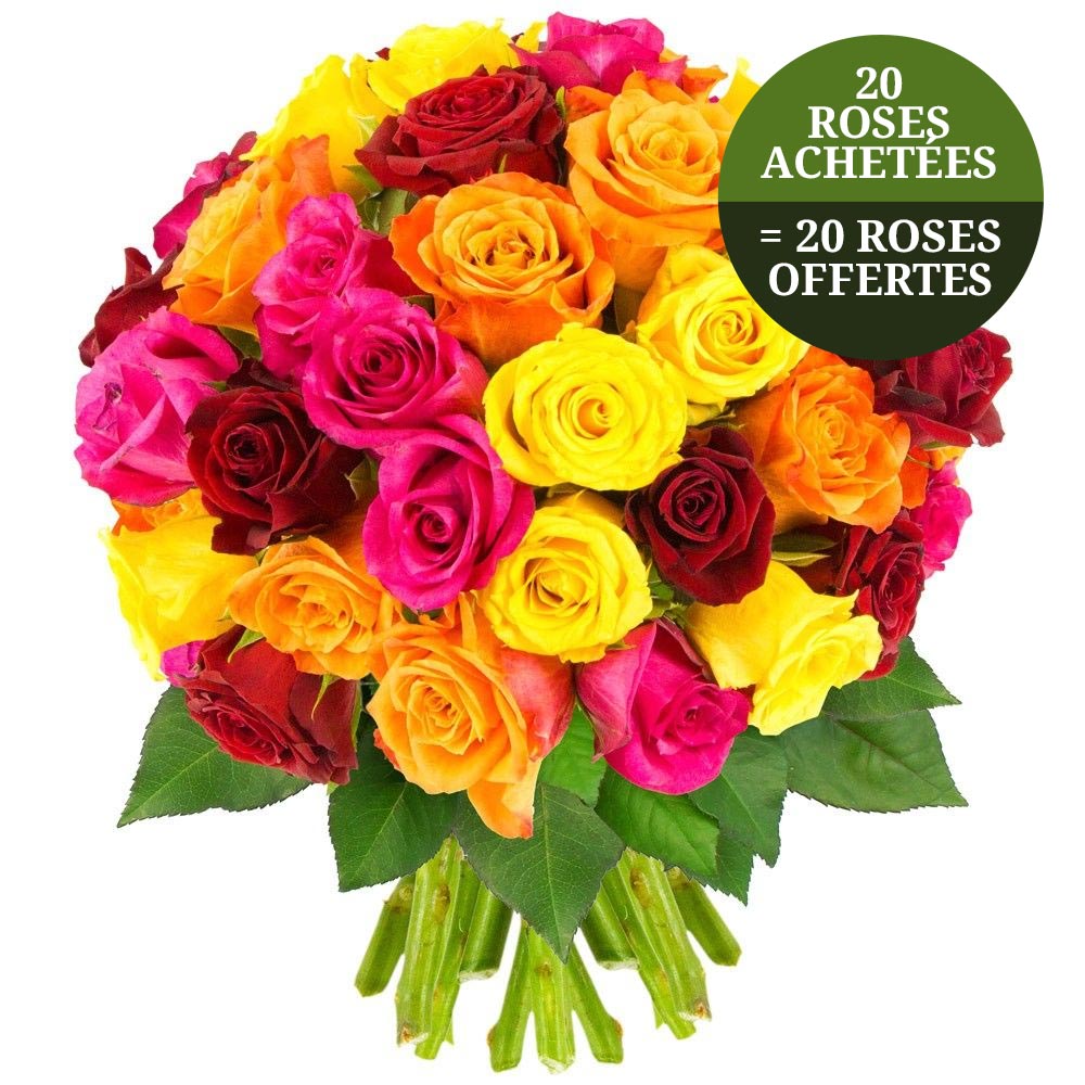 Bouquet de roses "20 ROSES MIX + 20 MIX OFFERTES" Livraison Express