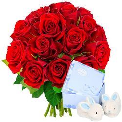 15 ROSES ROUGES + COFFRET NAISSANCE BLEU 15 ROSES ROUGES + COFFRET NAISSANCE BLEU