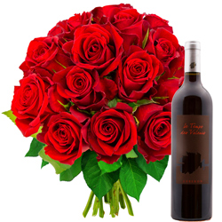 15 ROSES ROUGES + VIN ROUGE