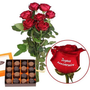 Cadeaux Gourmands 6 Roses Joyeux Anniversaire 60cm Rochers Livraison En France Florajet