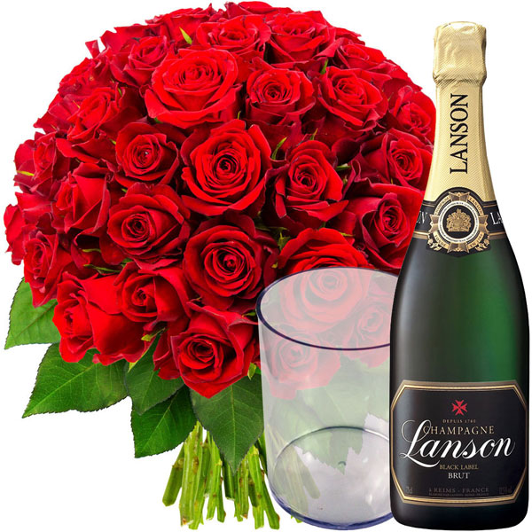 Bouquet de roses "50 ROSES ROUGES + VASE + CHAMPAGNE" Livraison en
