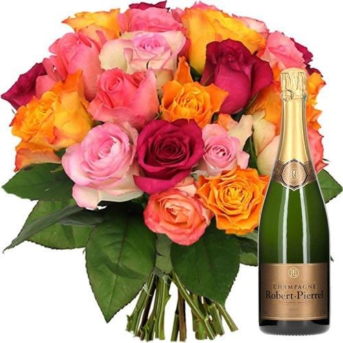 Cadeaux Gourmands "20 ROSES MULTI + CHAMPAGNE PIERREL ...