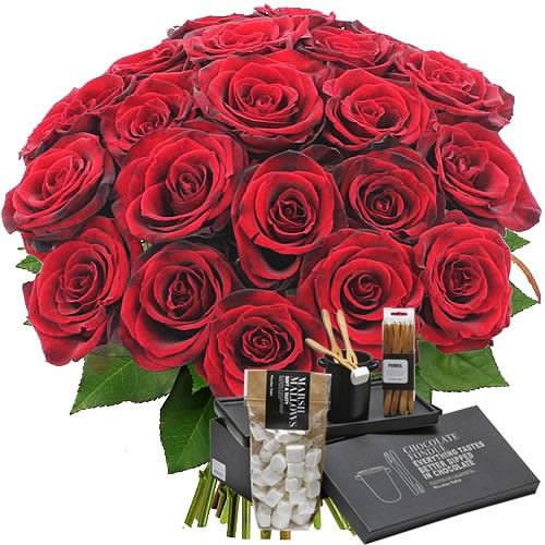 Cadeaux Gourmands "20 ROSES ROUGES + FONDUE AU CHOCOLAT" Livraison