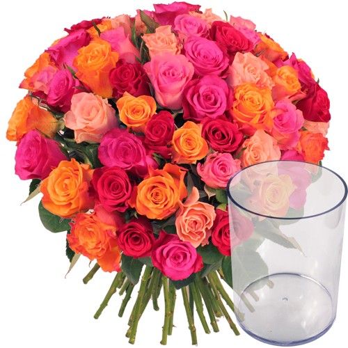 Bouquet rond "50 ROSES VARIEES + VASE" Livraison Express Florajet